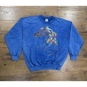 2000s Colorful Tribal Horse Graphic Crewneck Sweatshirt Blue Large Native